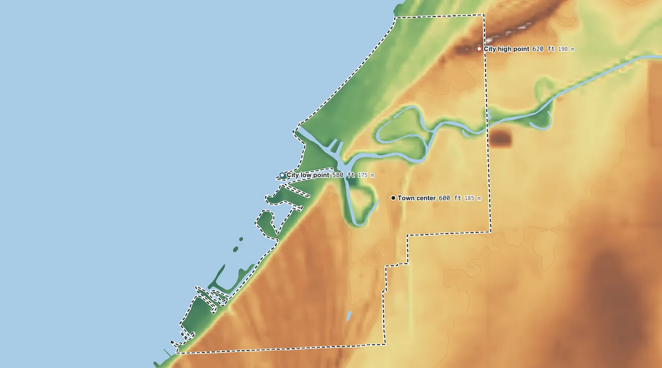 Topographic elevation map of Caseville, Michigan, shaded from 580 ft on the west side to 620 ft on the northeast side