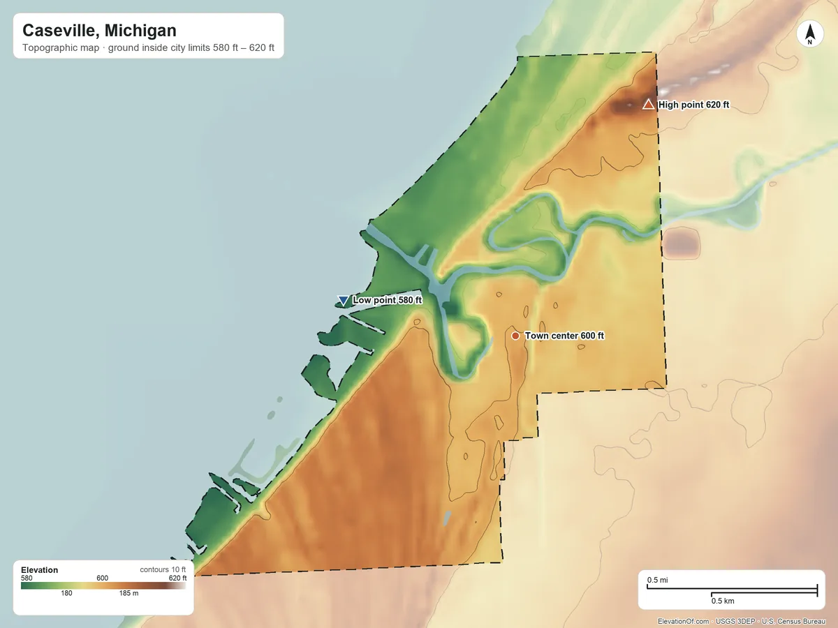 Topographic elevation map of Caseville, Michigan, shaded from 580 ft on the west side to 620 ft on the northeast side