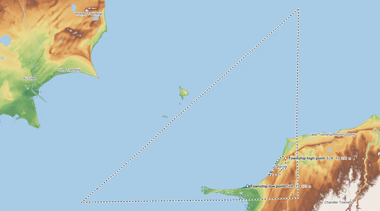 Topographic elevation map of Caseville Township, Michigan, shaded from 580 ft near the middle to 620 ft on the northeast side