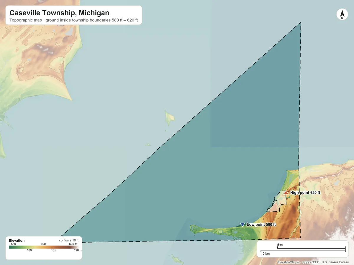 Topographic elevation map of Caseville Township, Michigan, shaded from 580 ft near the middle to 620 ft on the northeast side