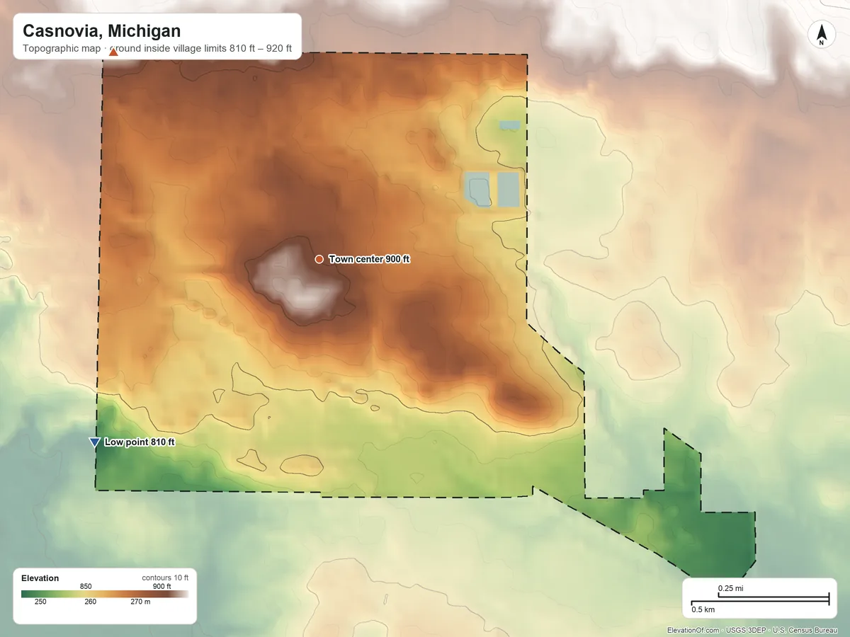 Topographic elevation map of Casnovia, Michigan, shaded from 810 ft on the southwest side to 920 ft on the northwest side