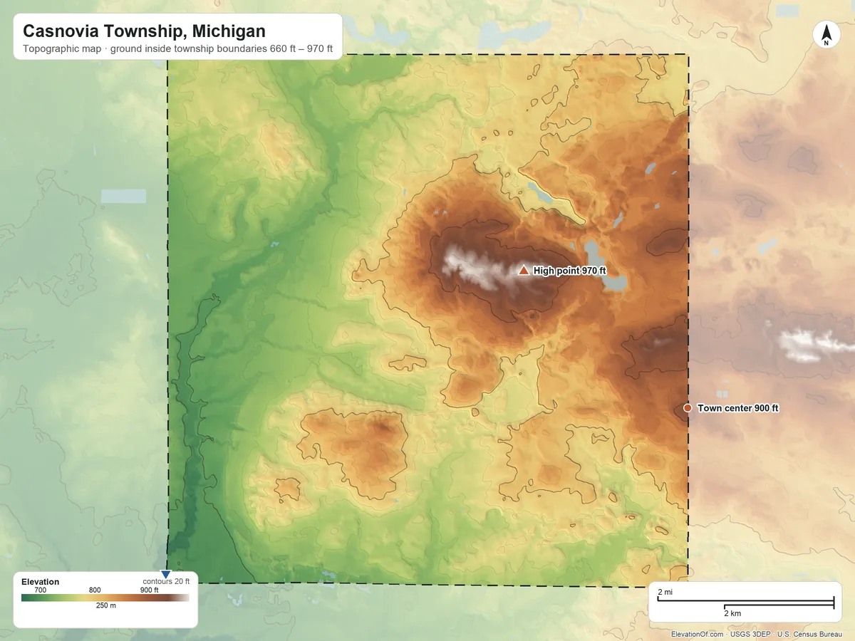 Topographic elevation map of Casnovia Township, Michigan, shaded from 660 ft on the west side to 970 ft on the northwest side