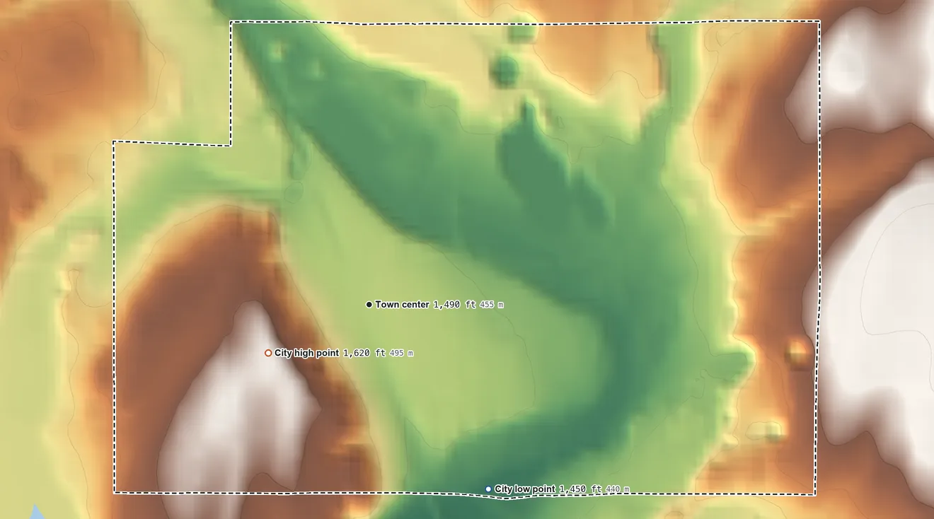 Topographic elevation map of Caspian, Michigan, shaded from 1,450 ft on the southeast side to 1,620 ft on the southwest side