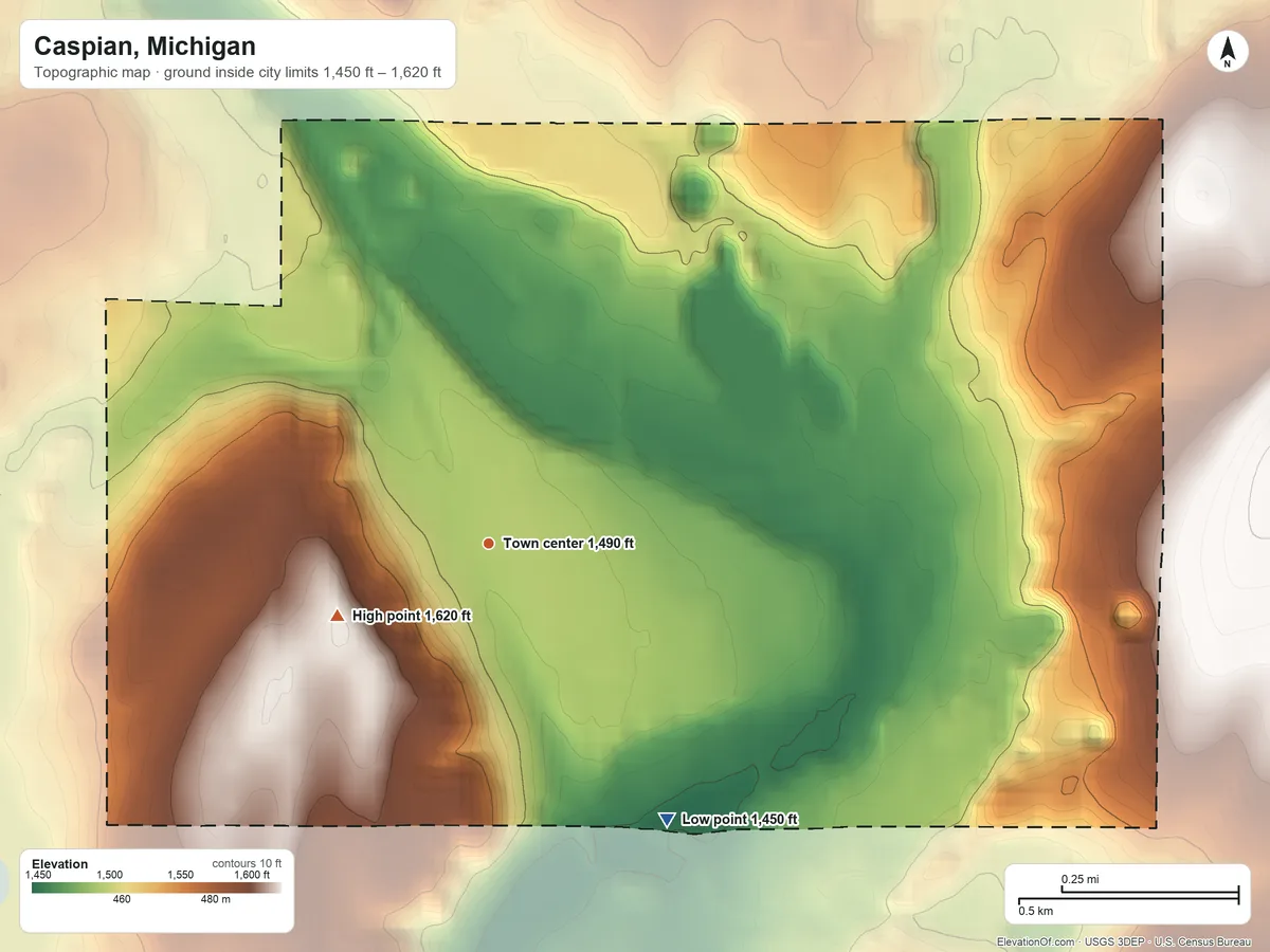 Topographic elevation map of Caspian, Michigan, shaded from 1,450 ft on the southeast side to 1,620 ft on the southwest side