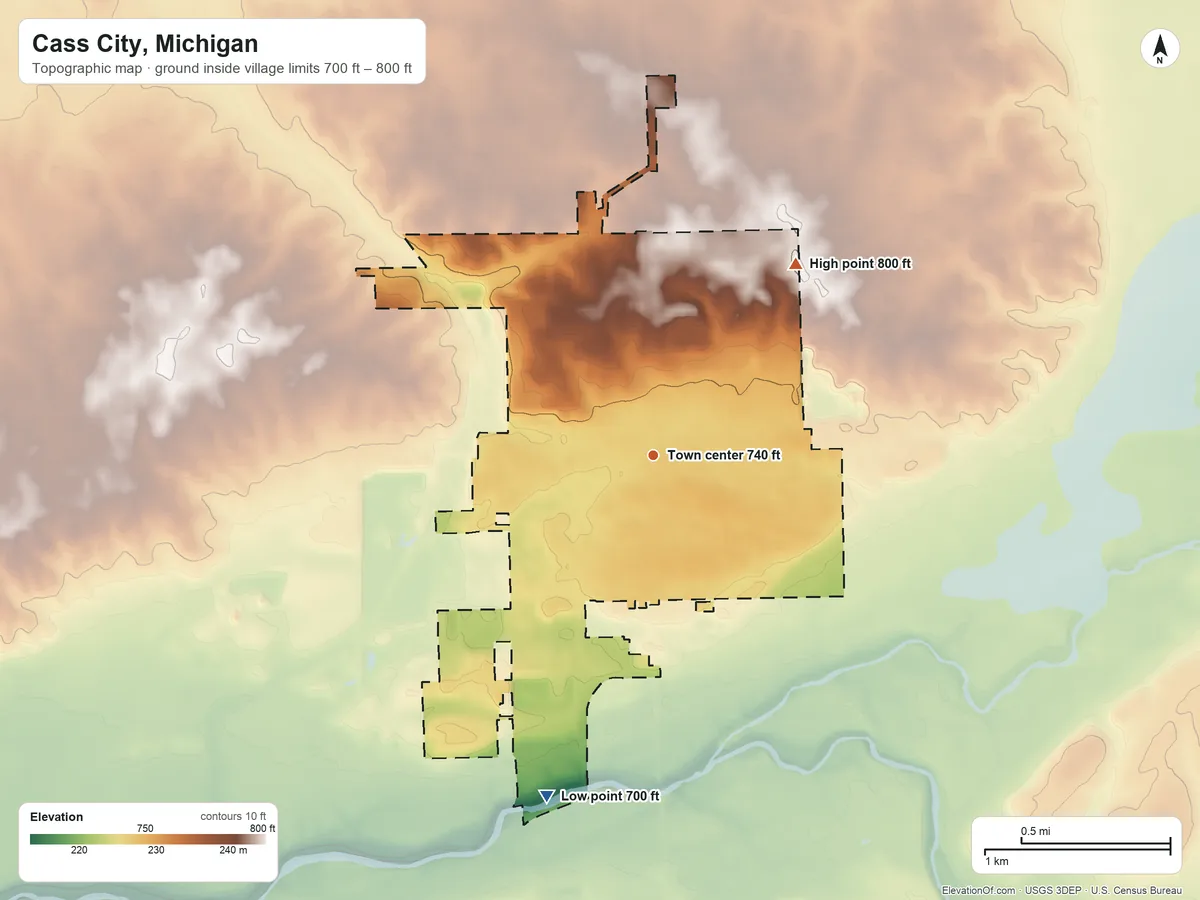 Topographic elevation map of Cass City, Michigan, shaded from 700 ft on the south side to 800 ft on the northeast side
