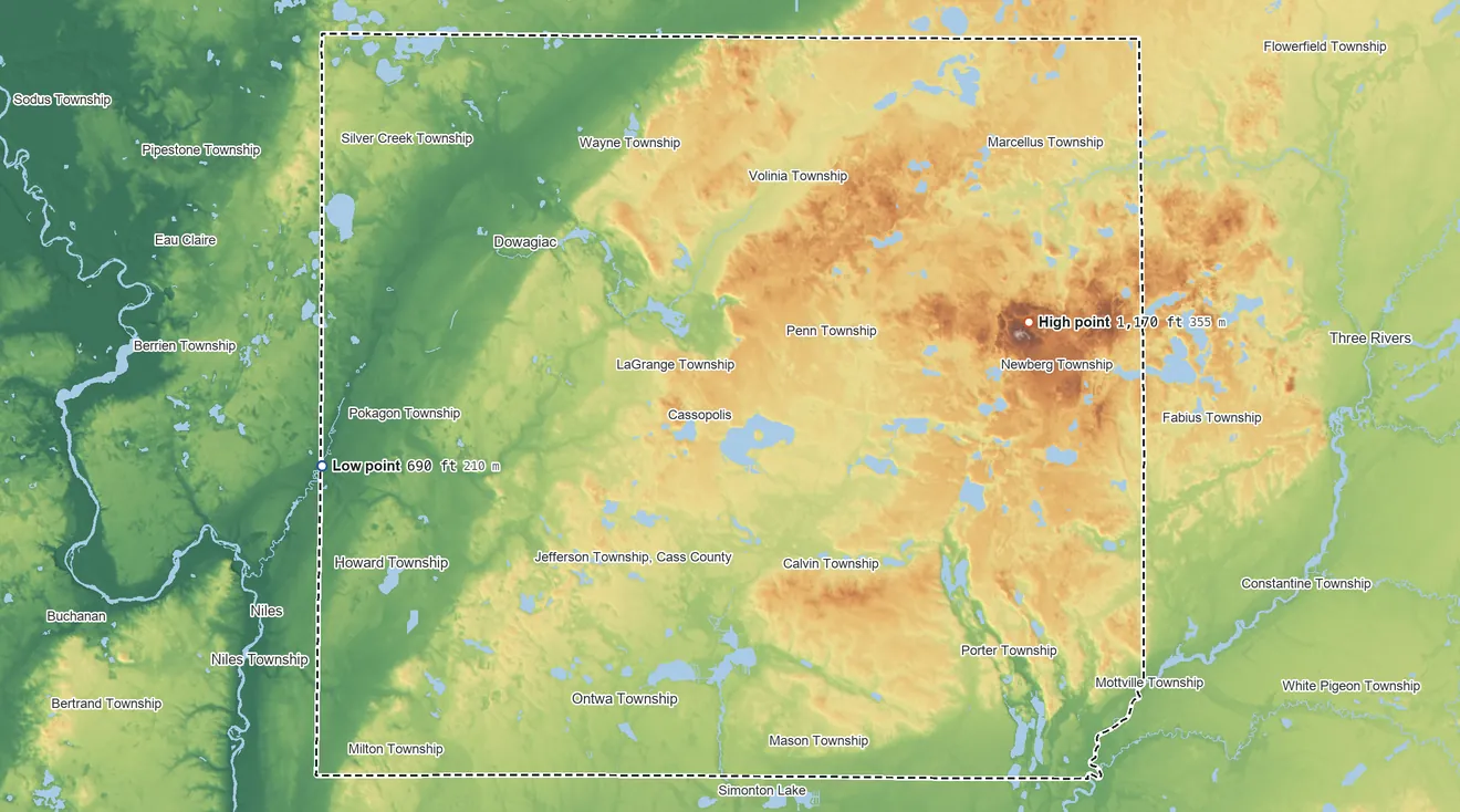 Topographic elevation map of Cass County, Michigan, shaded from 690 ft on the west side to 1,170 ft on Bald Hill