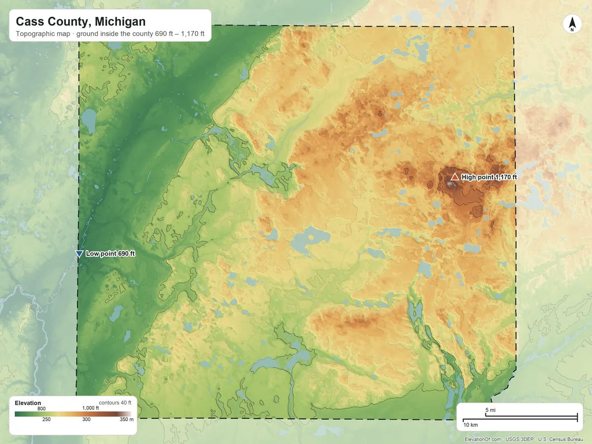 Topographic elevation map of Cass County, Michigan, shaded from 690 ft on the west side to 1,170 ft on Bald Hill