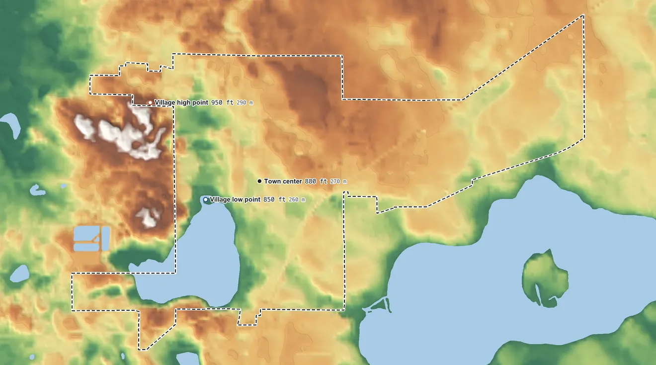 Topographic elevation map of Cassopolis, Michigan, shaded from 850 ft near the middle to 950 ft on the northwest side