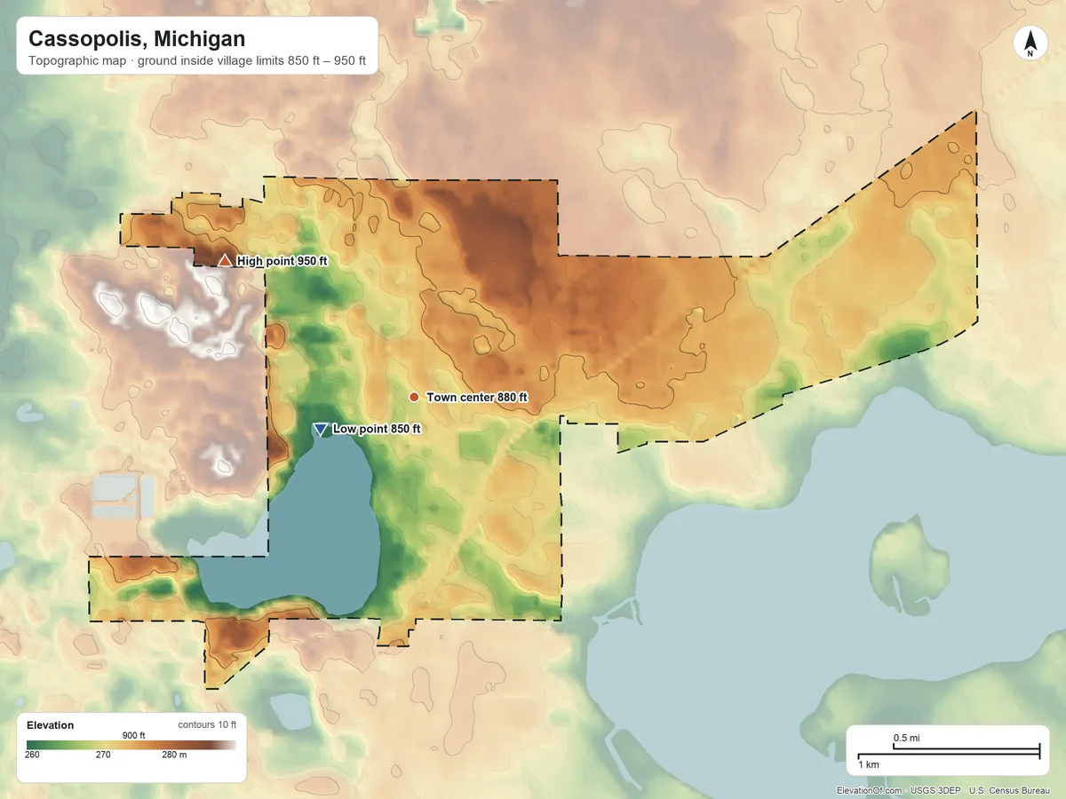 Topographic elevation map of Cassopolis, Michigan, shaded from 850 ft near the middle to 950 ft on the northwest side