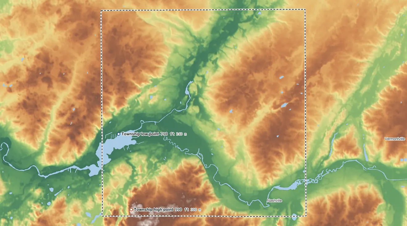 Topographic elevation map of Castleton Township, Michigan, shaded from 790 ft on the west side to 990 ft on the southwest side