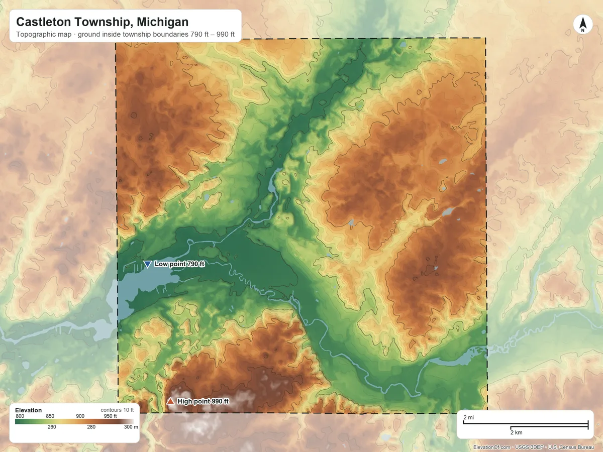 Topographic elevation map of Castleton Township, Michigan, shaded from 790 ft on the west side to 990 ft on the southwest side
