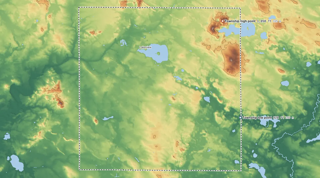 Topographic elevation map of Cato Township, Michigan, shaded from 920 ft on the southeast side to 1,090 ft on the northeast side