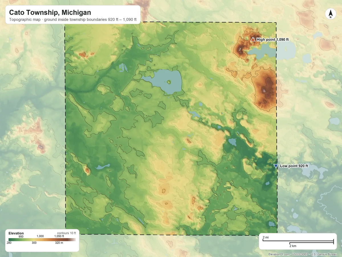 Topographic elevation map of Cato Township, Michigan, shaded from 920 ft on the southeast side to 1,090 ft on the northeast side