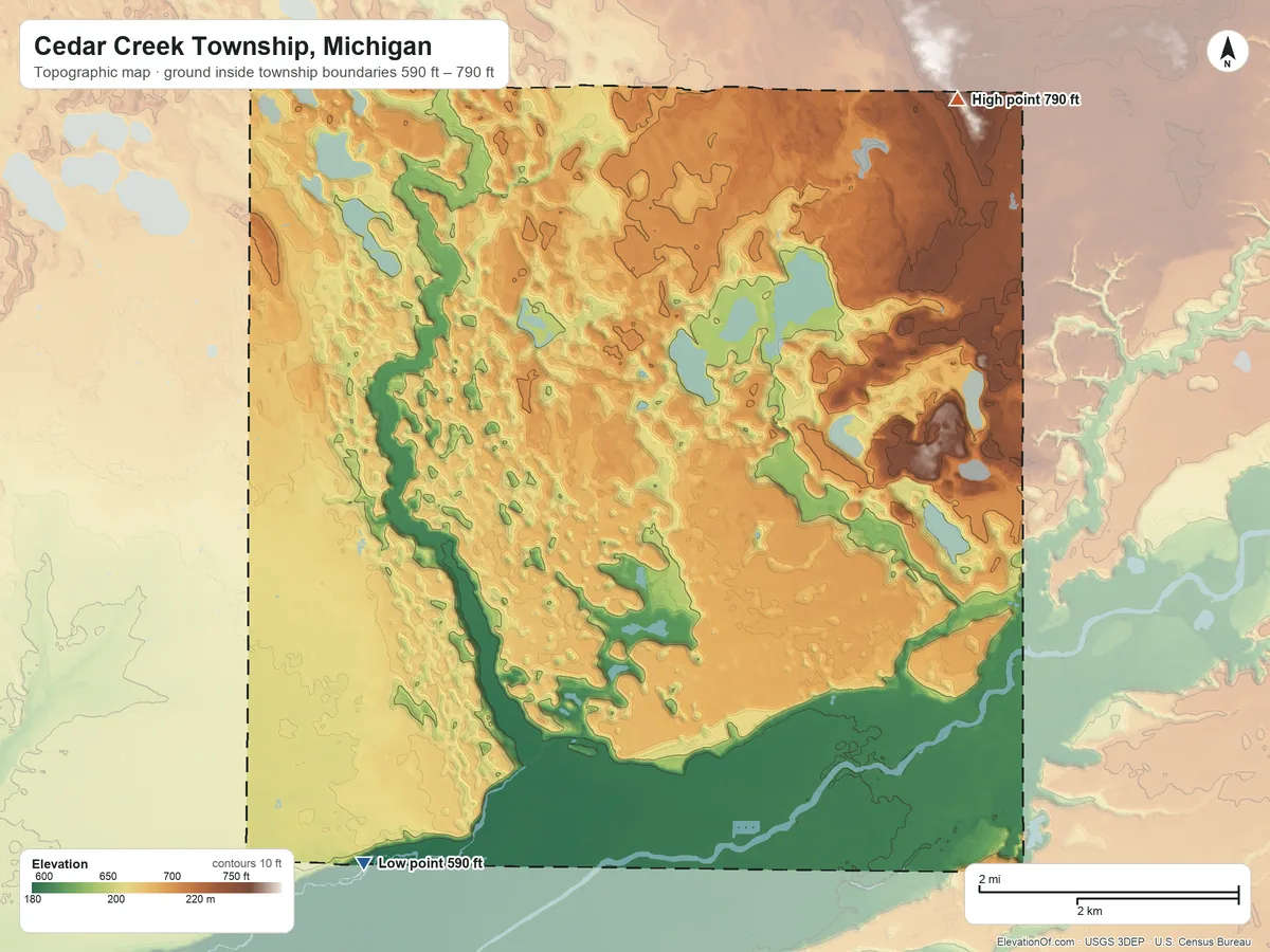 Topographic elevation map of Cedar Creek Township, Michigan, shaded from 590 ft on the southwest side to 790 ft on the northeast side
