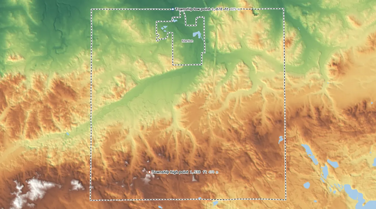 Topographic elevation map of Cedar Creek Township, Wexford County, Michigan, shaded from 1,070 ft on the north side to 1,530 ft on the south side