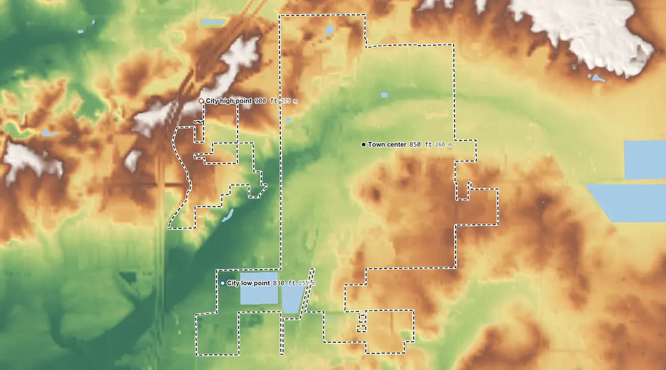 Topographic elevation map of Cedar Springs, Michigan, shaded from 830 ft on the southwest side to 900 ft on the west side