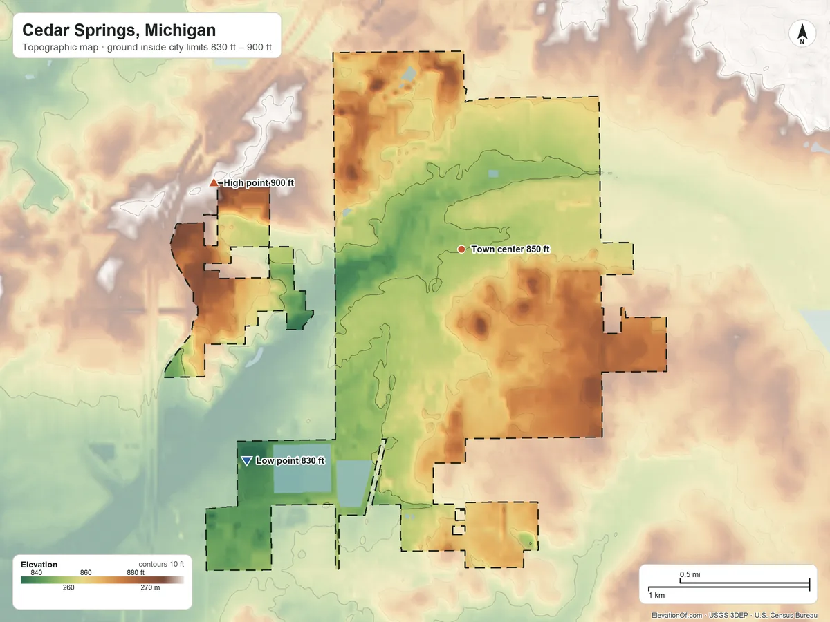 Topographic elevation map of Cedar Springs, Michigan, shaded from 830 ft on the southwest side to 900 ft on the west side