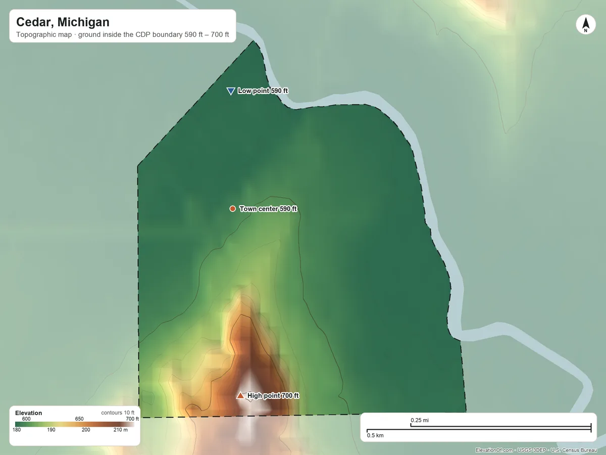 Topographic elevation map of Cedar, Michigan, shaded from 590 ft on the north side to 700 ft on the south side
