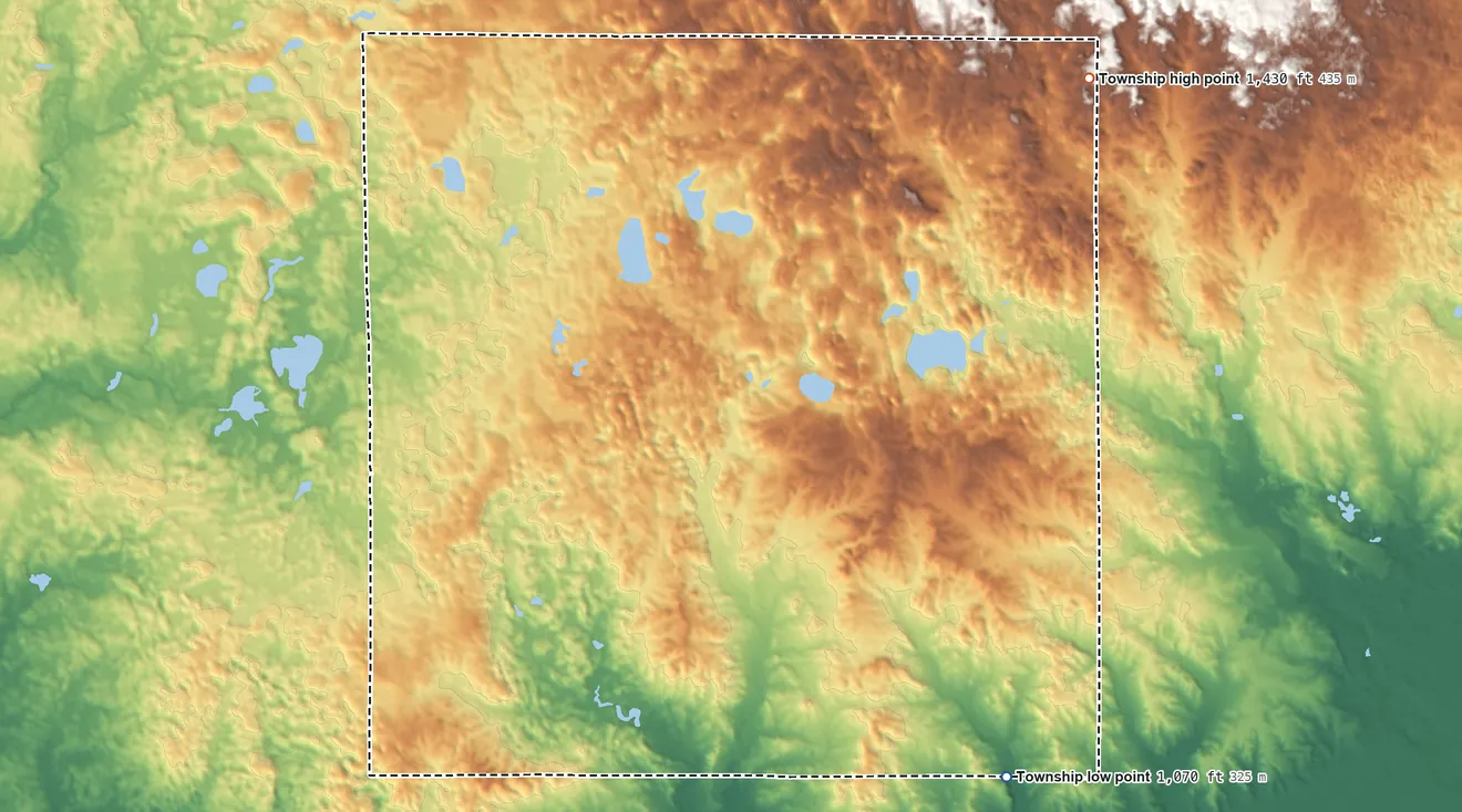 Topographic elevation map of Cedar Township, Michigan, shaded from 1,070 ft on the southeast side to 1,430 ft on the northeast side