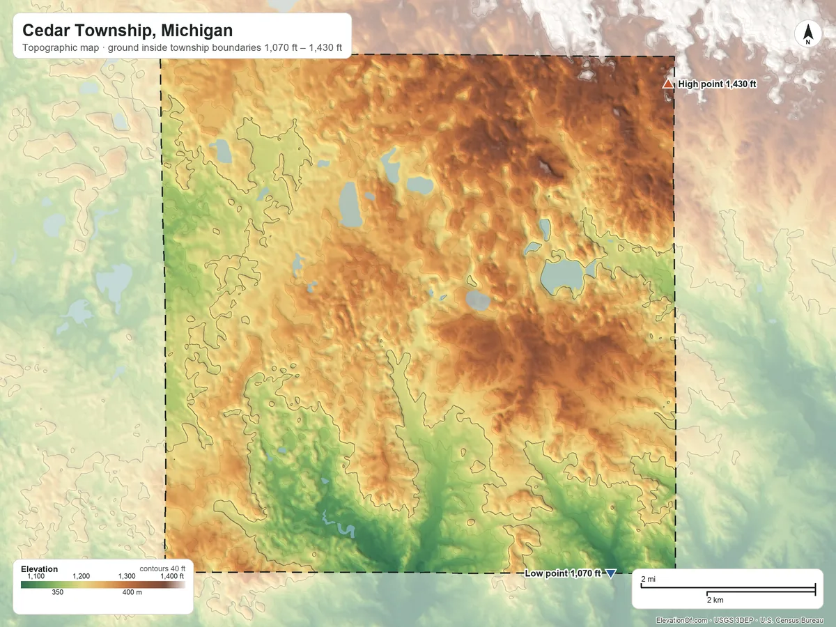 Topographic elevation map of Cedar Township, Michigan, shaded from 1,070 ft on the southeast side to 1,430 ft on the northeast side