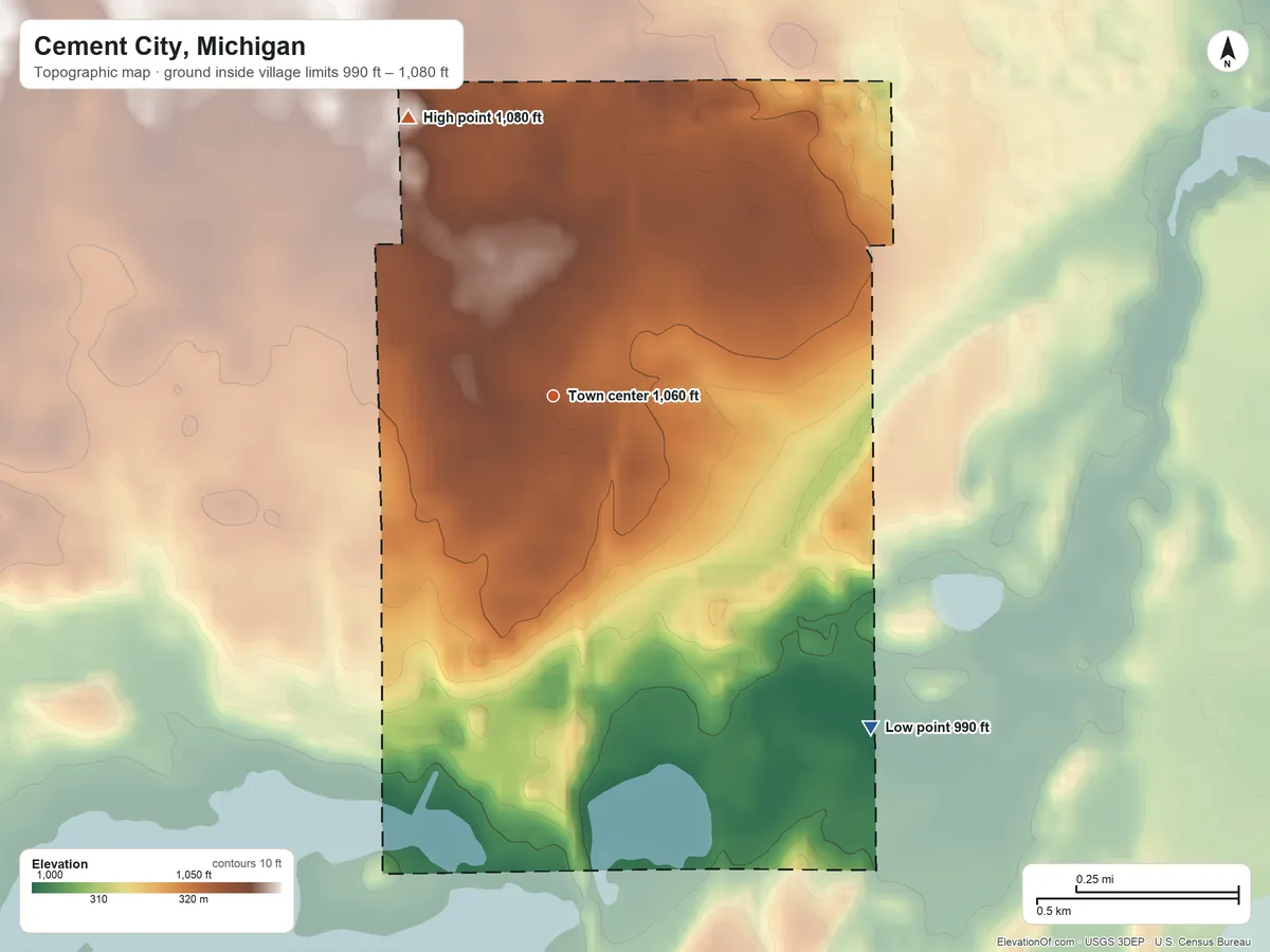 Topographic elevation map of Cement City, Michigan, shaded from 990 ft on the southeast side to 1,080 ft on the northwest side