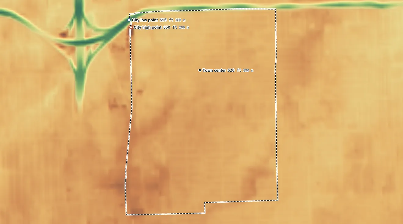 Topographic elevation map of Center Line, Michigan, shaded from 590 ft on the northwest side to 650 ft on the northwest side