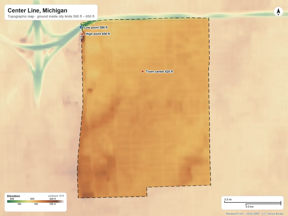 Topographic elevation map of Center Line, Michigan, shaded from 590 ft on the northwest side to 650 ft on the northwest side