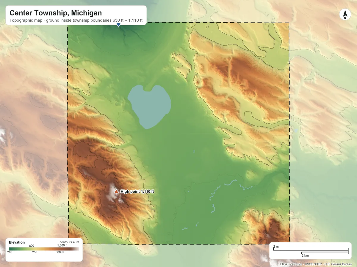 Topographic elevation map of Center Township, Michigan, shaded from 650 ft on the northwest side to 1,110 ft on the southwest side