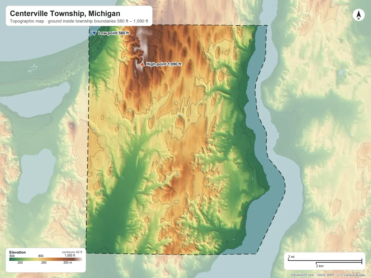 Topographic elevation map of Centerville Township, Michigan, shaded from 580 ft on the northwest side to 1,090 ft on the northwest side