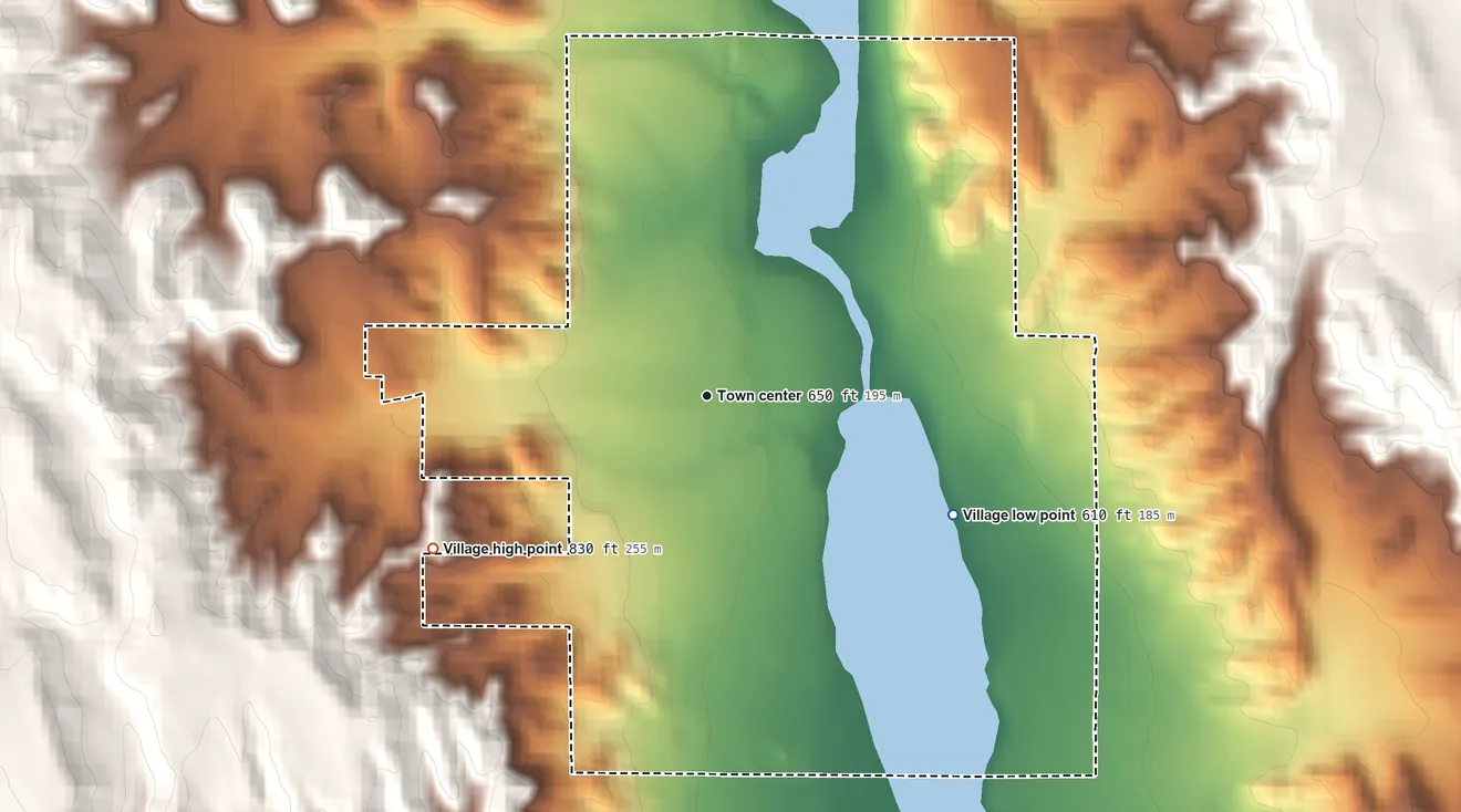 Topographic elevation map of Central Lake, Michigan, shaded from 610 ft on the southeast side to 830 ft on the southwest side