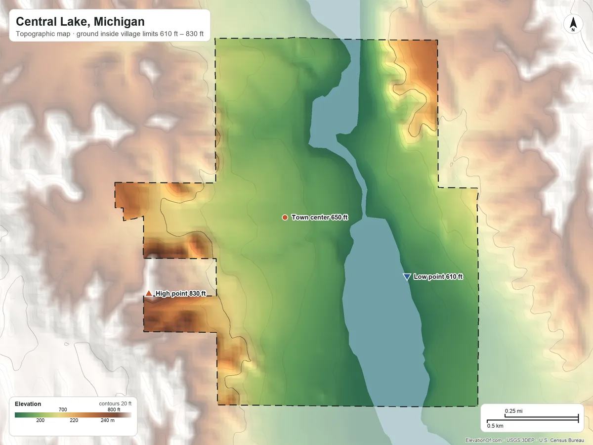 Topographic elevation map of Central Lake, Michigan, shaded from 610 ft on the southeast side to 830 ft on the southwest side