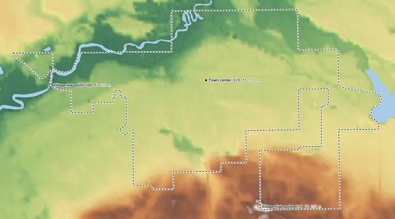 Topographic elevation map of Centreville, Michigan, shaded from 800 ft on the west side to 890 ft on the southeast side