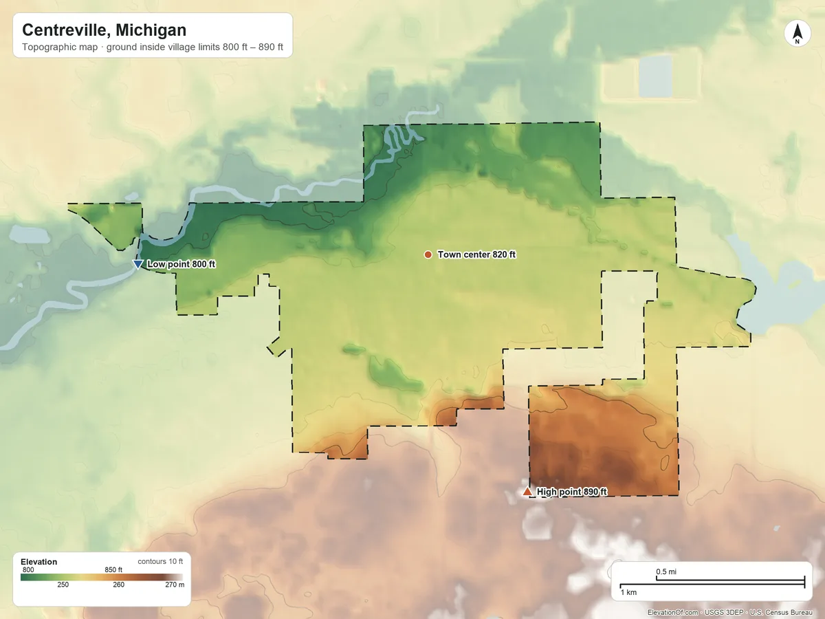 Topographic elevation map of Centreville, Michigan, shaded from 800 ft on the west side to 890 ft on the southeast side