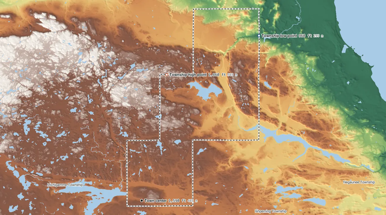 Topographic elevation map of Champion Township, Michigan, shaded from 960 ft on the northeast side to 1,860 ft on the north side