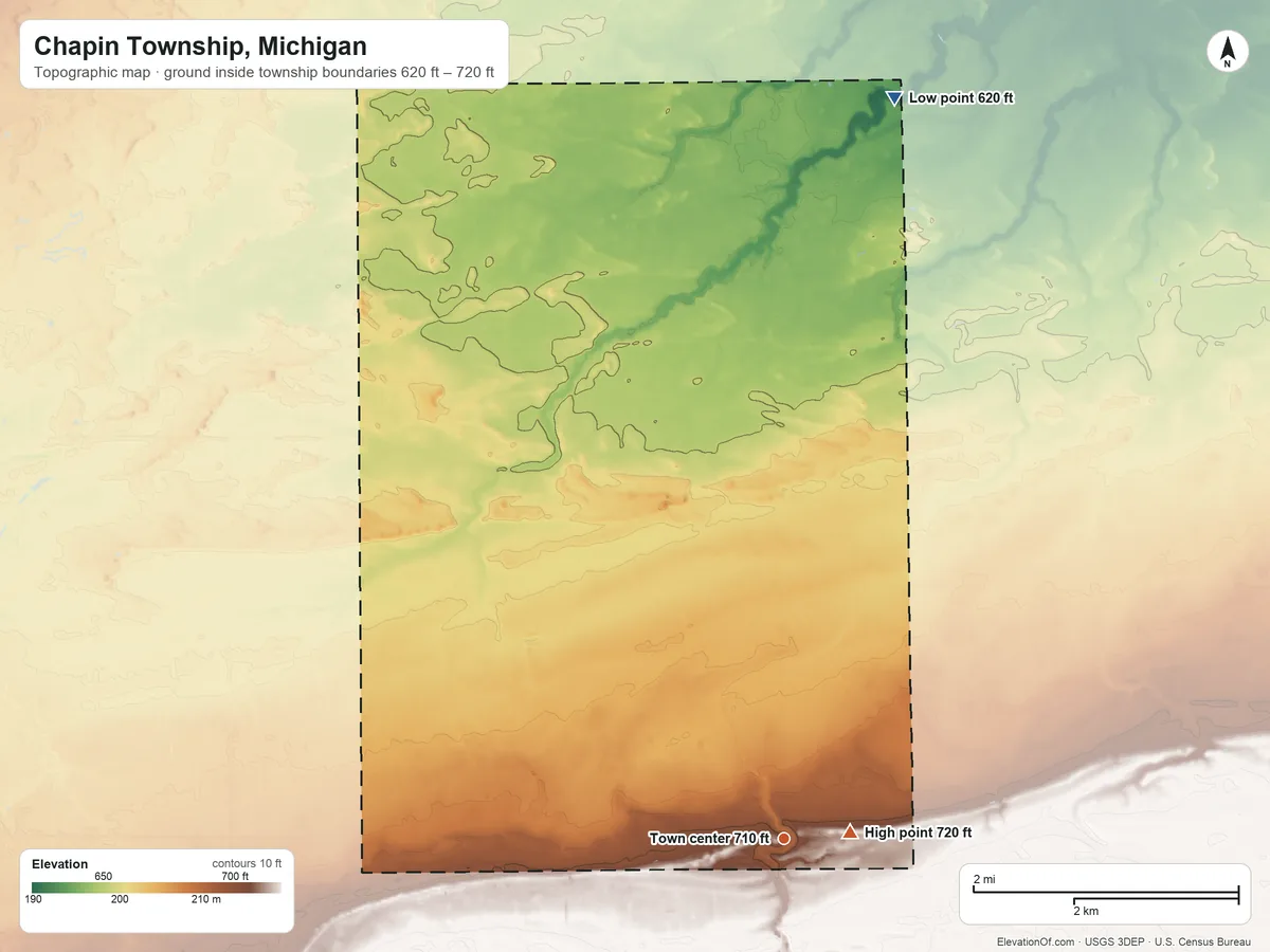 Topographic elevation map of Chapin Township, Michigan, shaded from 620 ft on the north side to 720 ft near the middle