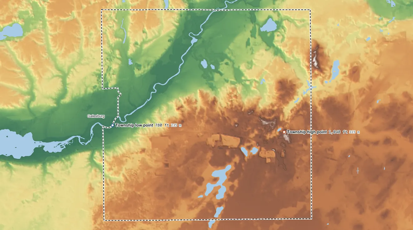 Topographic elevation map of Charleston Township, Michigan, shaded from 780 ft on the west side to 1,040 ft on the east side