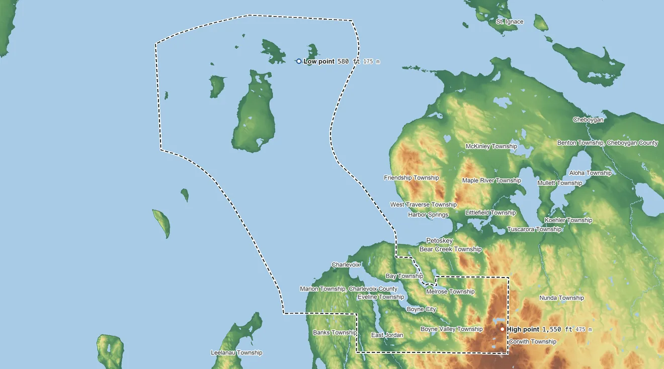Topographic elevation map of Charlevoix County, Michigan, shaded from 580 ft on the north side to 1,550 ft on the southeast side