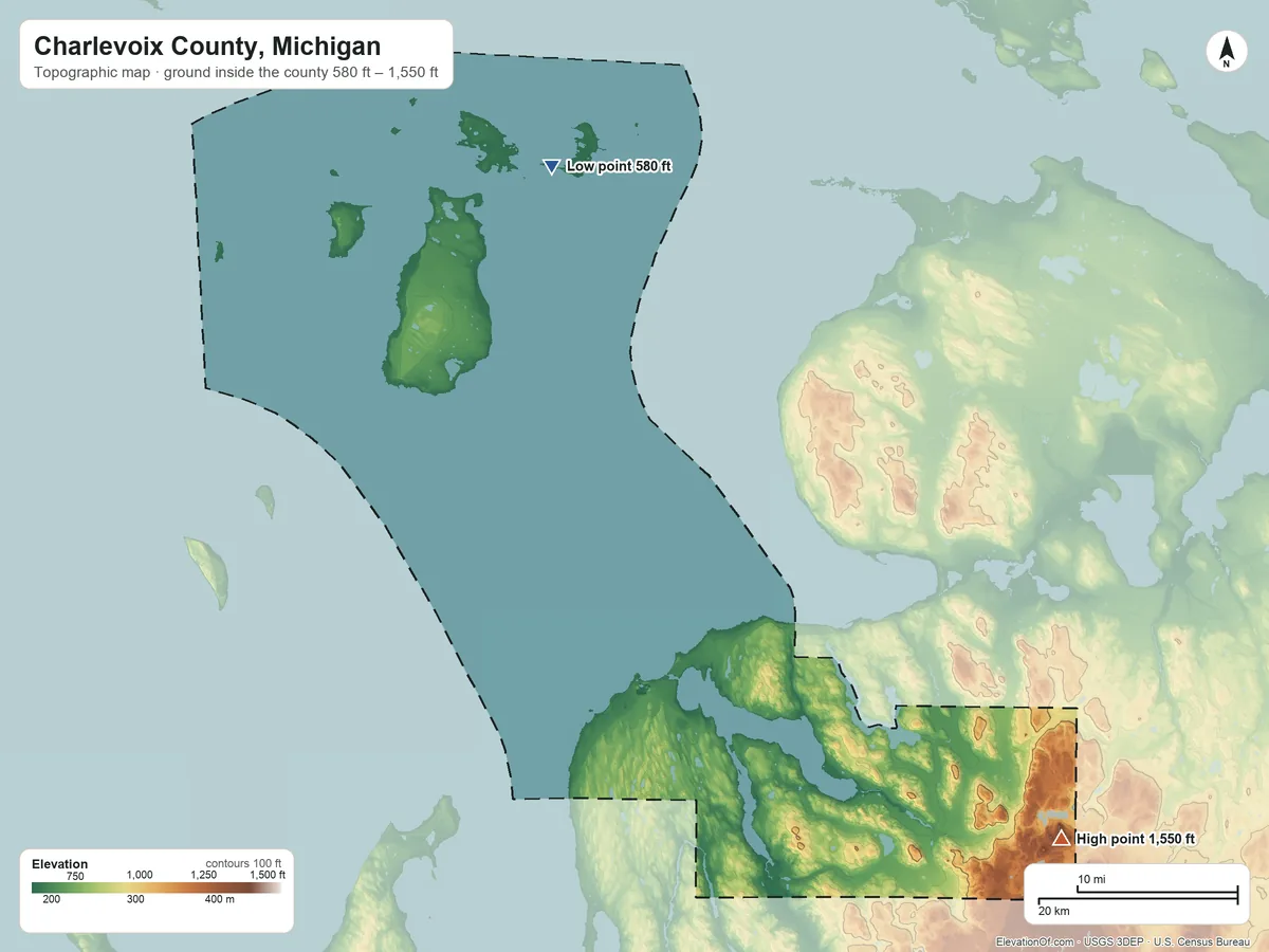 Topographic elevation map of Charlevoix County, Michigan, shaded from 580 ft on the north side to 1,550 ft on the southeast side