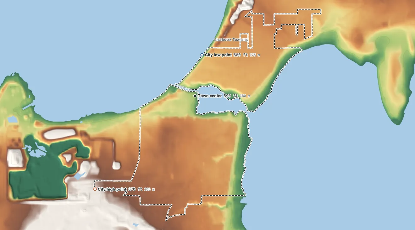 Topographic elevation map of Charlevoix, Michigan, shaded from 580 ft on the north side to 670 ft on the southwest side
