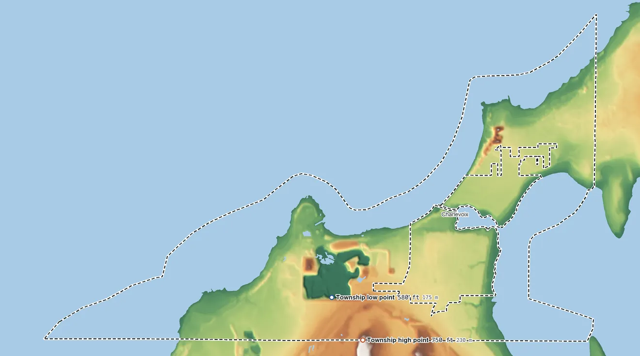 Topographic elevation map of Charlevoix Township, Michigan, shaded from 580 ft on the southwest side to 750 ft on the southwest side
