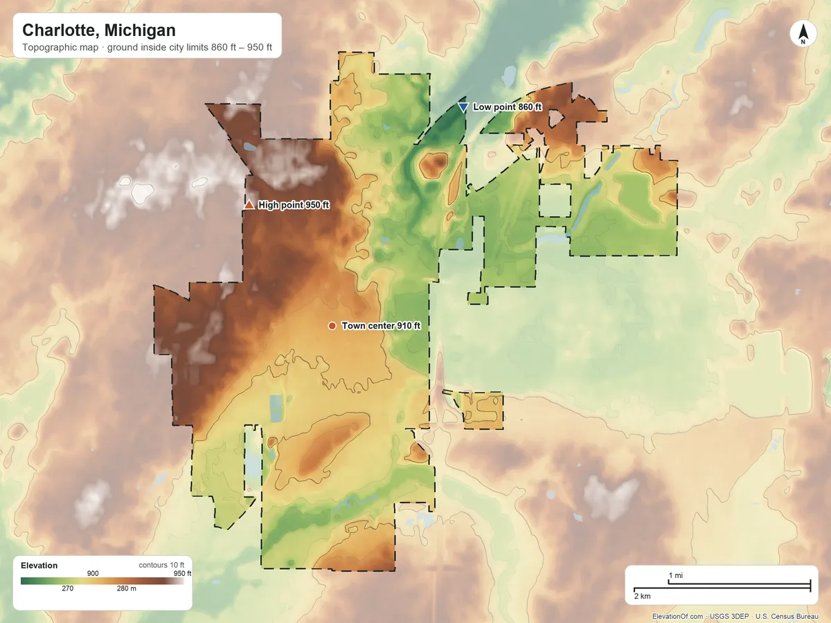 Topographic elevation map of Charlotte, Michigan, shaded from 860 ft on the northeast side to 950 ft on the northwest side