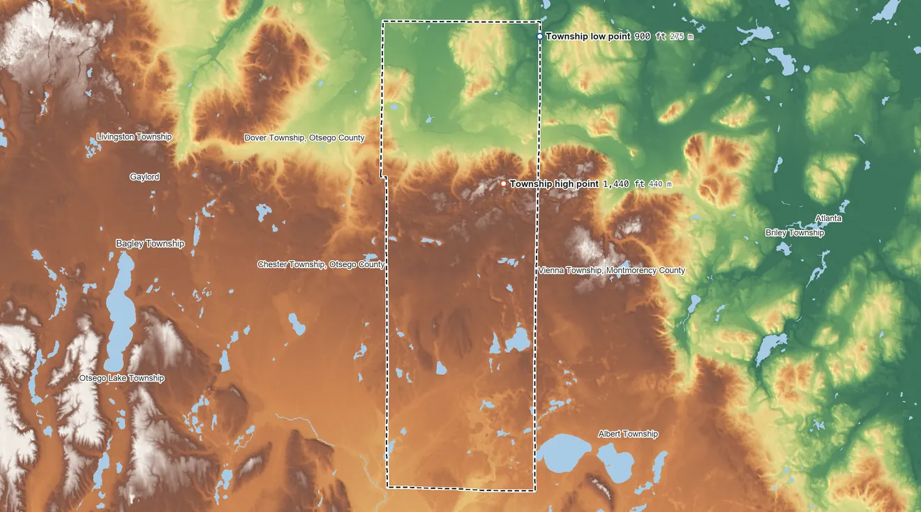 Topographic elevation map of Charlton Township, Michigan, shaded from 900 ft on the north side to 1,440 ft on the northeast side