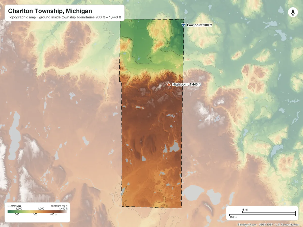 Topographic elevation map of Charlton Township, Michigan, shaded from 900 ft on the north side to 1,440 ft on the northeast side