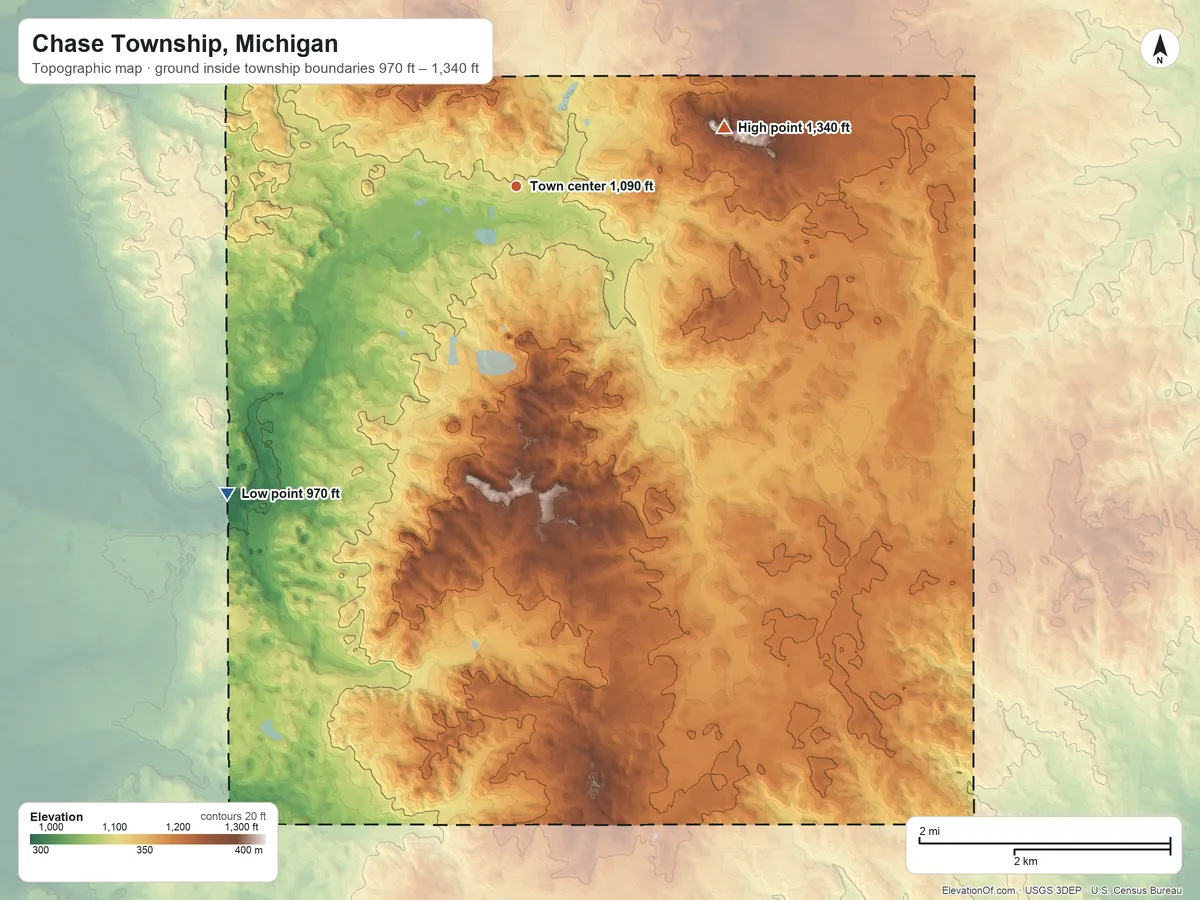 Topographic elevation map of Chase Township, Michigan, shaded from 970 ft on the southwest side to 1,340 ft on the east side