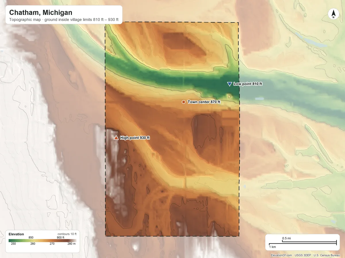 Topographic elevation map of Chatham, Michigan, shaded from 810 ft on the east side to 930 ft on the southwest side