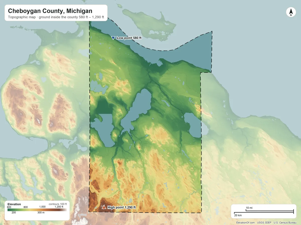 Topographic elevation map of Cheboygan County, Michigan, shaded from 580 ft on the northwest side to 1,290 ft on the southwest side