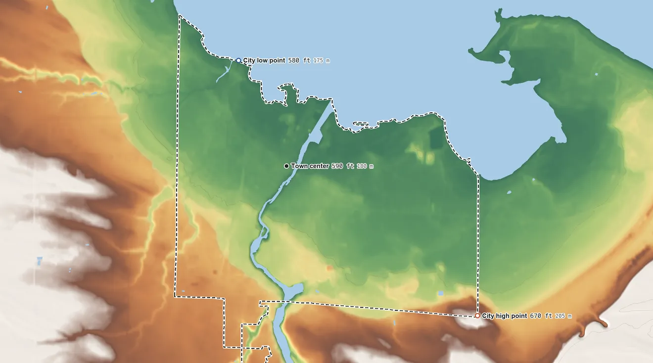 Topographic elevation map of Cheboygan, Michigan, shaded from 580 ft on the northwest side to 670 ft on the southeast side