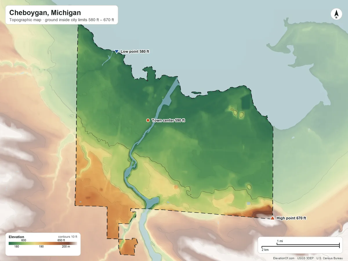 Topographic elevation map of Cheboygan, Michigan, shaded from 580 ft on the northwest side to 670 ft on the southeast side