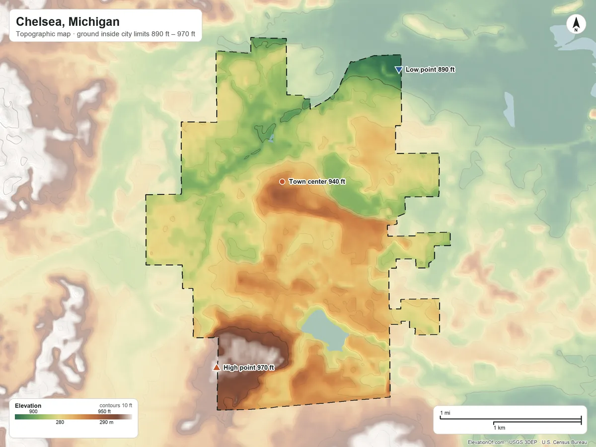 Topographic elevation map of Chelsea, Michigan, shaded from 890 ft on the northeast side to 970 ft on the south side