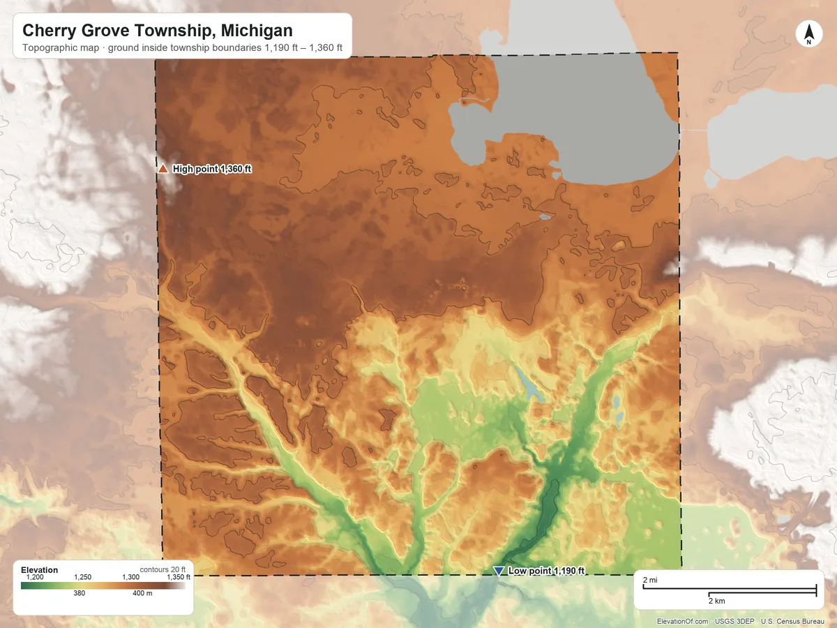Topographic elevation map of Cherry Grove Township, Michigan, shaded from 1,190 ft on the south side to 1,360 ft on the west side